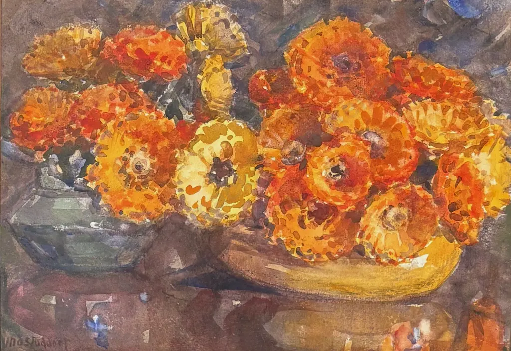 Margaret Stoddart - Still Life Zinnias, watercolour on paper, 270x390mm Image 1++