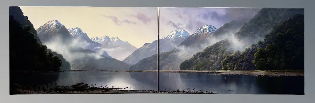 Tim Wilson - On the Makarora River, 2007, diptych, oil on beige linen, 300x1000mm Image 1++