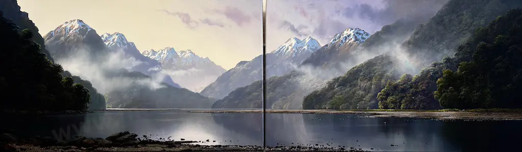 Tim Wilson - On the Makarora River, 2007, diptych, oil on beige linen, 300x1000mm Image 1++
