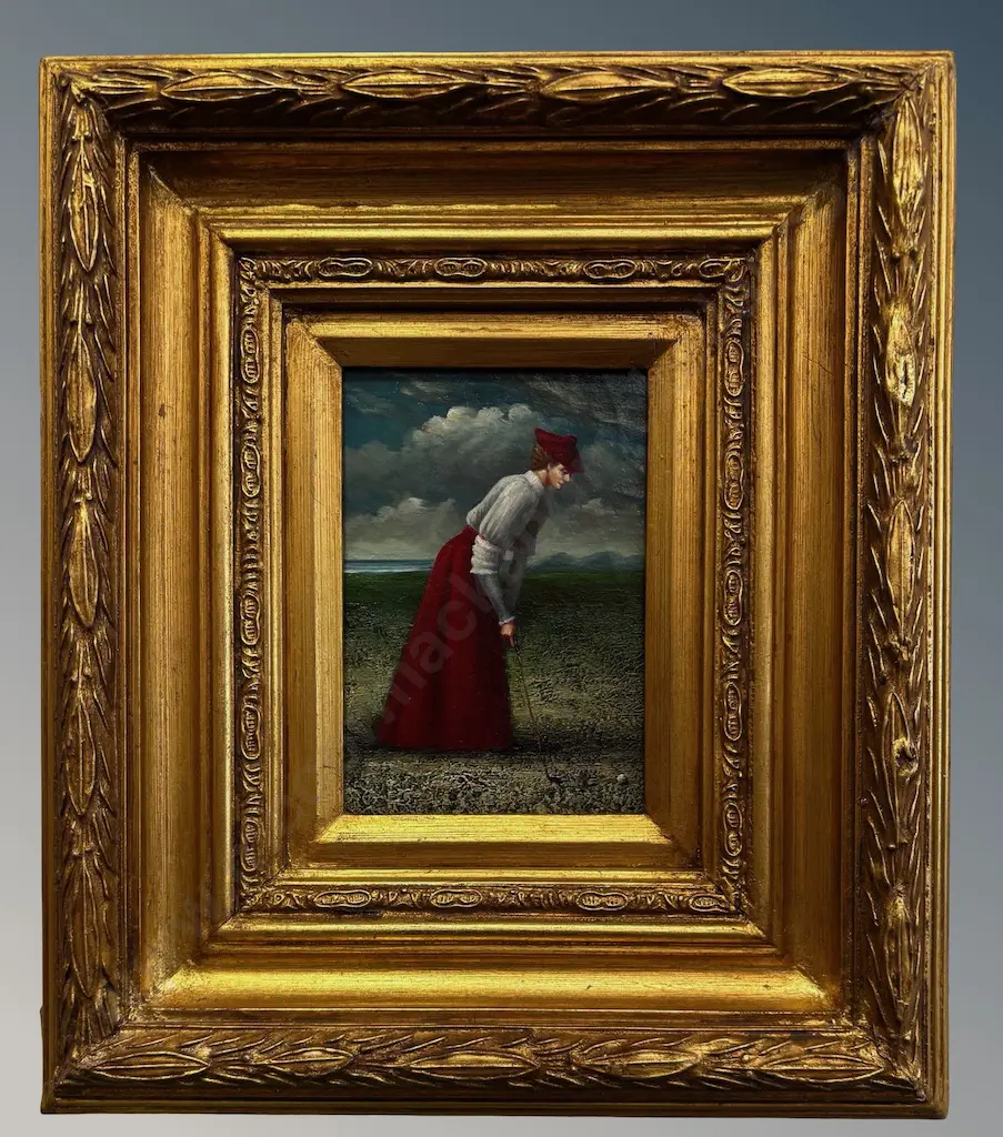 Unsigned - Victorian Lady Playing Golf, oil on board, 160x110mm Image 1++