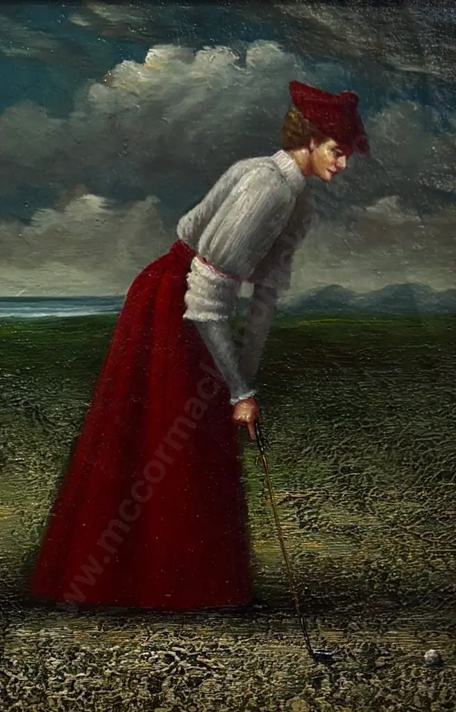 Unsigned - Victorian Lady Playing Golf, oil on board, 160x110mm Image 1++