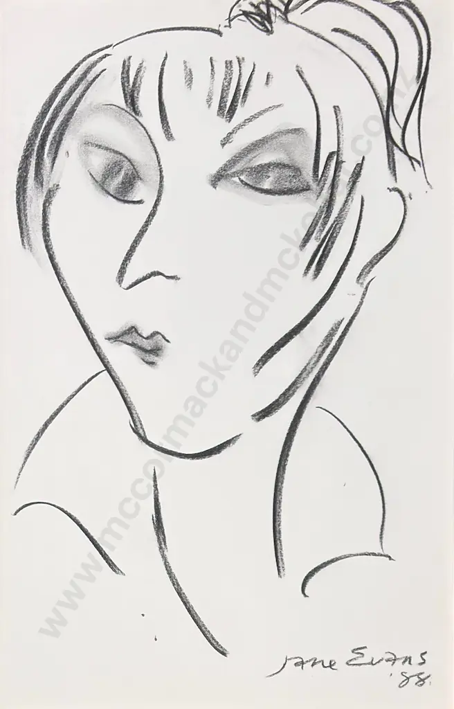 Janes Evans - Ponytail Girl 1988, charcoal on paper, 800x600mm Image 1++