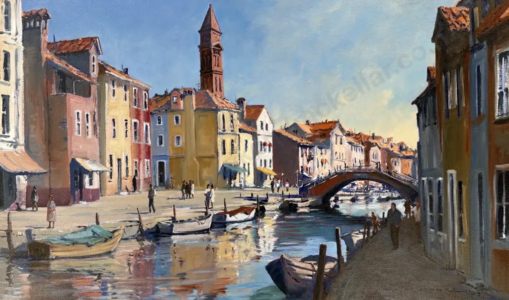 WF Moore - Canal Scene, Burano, Italy, oil on canvas, 590x990mm Image 1++