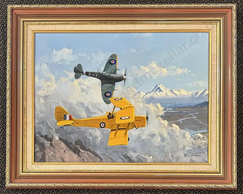 Peter Beadle - Spitfire and Tiger Moth over Mount Cook, oil on board, 445x595mm Image 1++