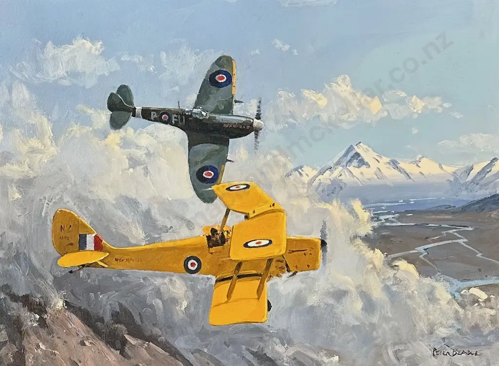 Peter Beadle - Spitfire and Tiger Moth over Mount Cook, oil on board, 445x595mm Image 1++