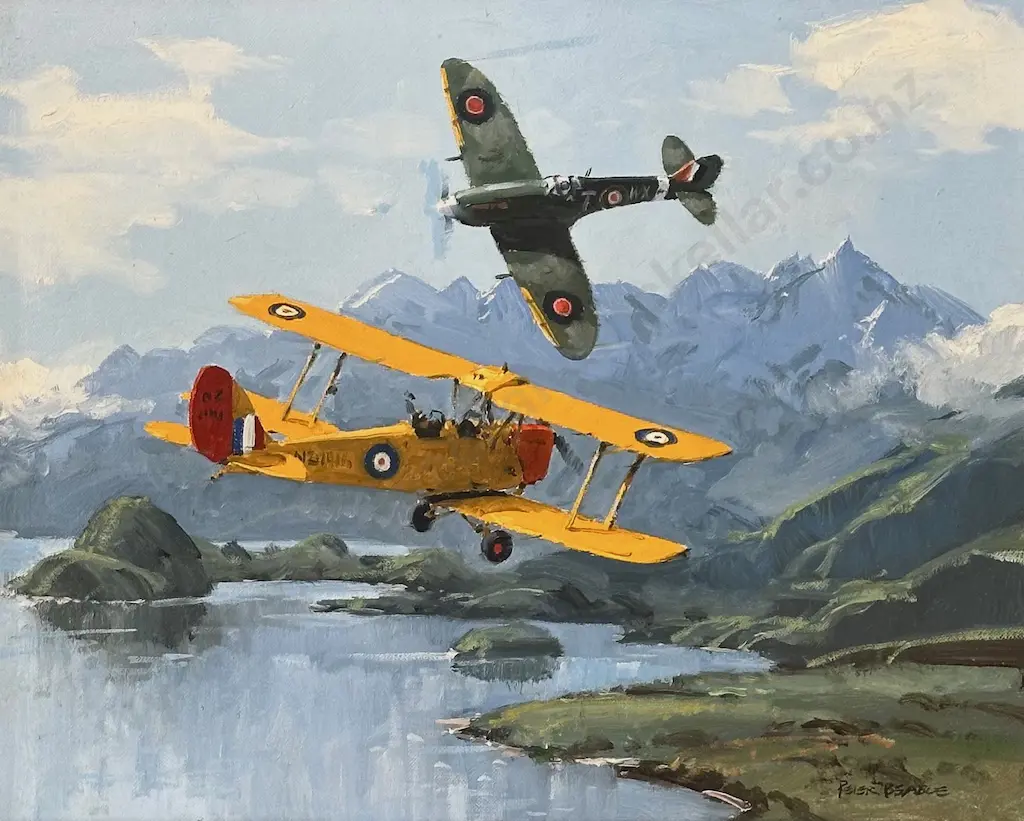 Peter Beadle - Spitfire and Tiger Moth over Lake Manapouri, oil on board, 390x495mm Image 1++