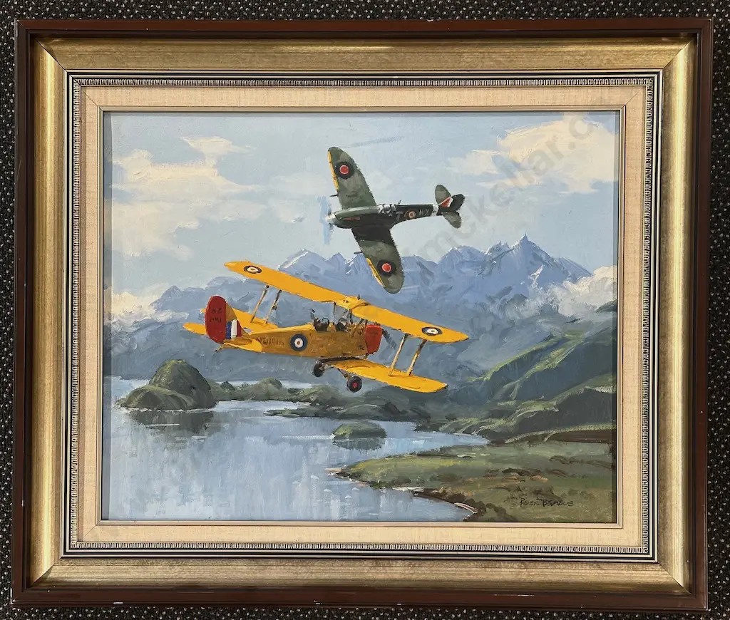 Peter Beadle - Spitfire and Tiger Moth over Lake Manapouri, oil on board, 390x495mm Image 1++
