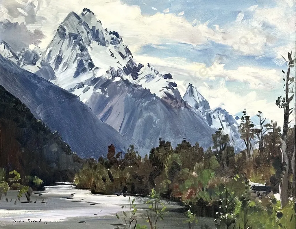 Douglas Badcock - Mt Tuhawaiki, Lower Hollyford Valley, 2010, oil on board, 390x490mm Image 1++