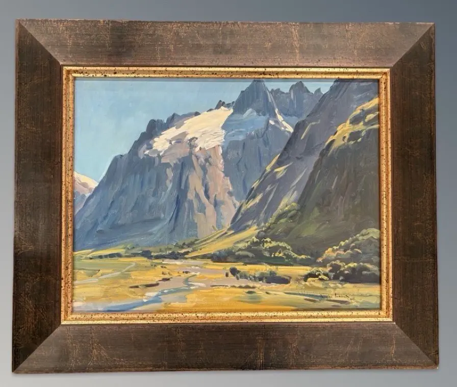Douglas Badcock - Morning, Hollyford Valley, Mount Crosscut, 1960, oil on board, 340x440mm Image 1++