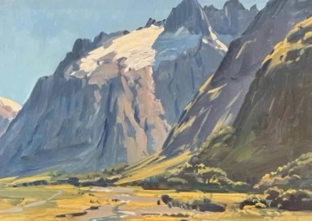 Douglas Badcock - Morning, Hollyford Valley, Mount Crosscut, 1960, oil on board, 340x440mm Image 1++