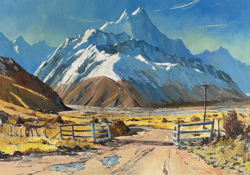 W F Moore - Mount Cook from the Hermitage Road, oil on board, 600x850mm Image 1++
