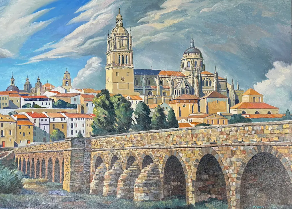 Don McAra - Roman Bridge and Cathedral Towers, Salamanca, Spain, oil on board, 730x1020mm Image 1++