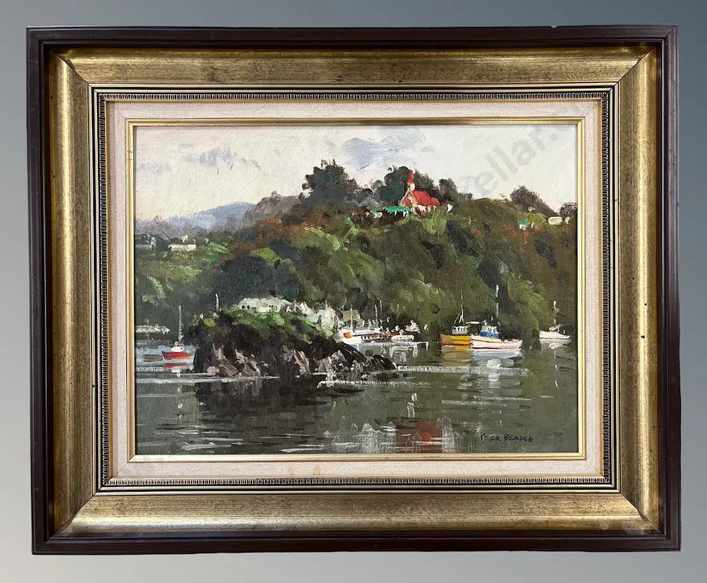 Peter Beadle - Fishing Boats, Halfmoon Bay, Stewart Island, oil on board, 290x395mm Image 1++