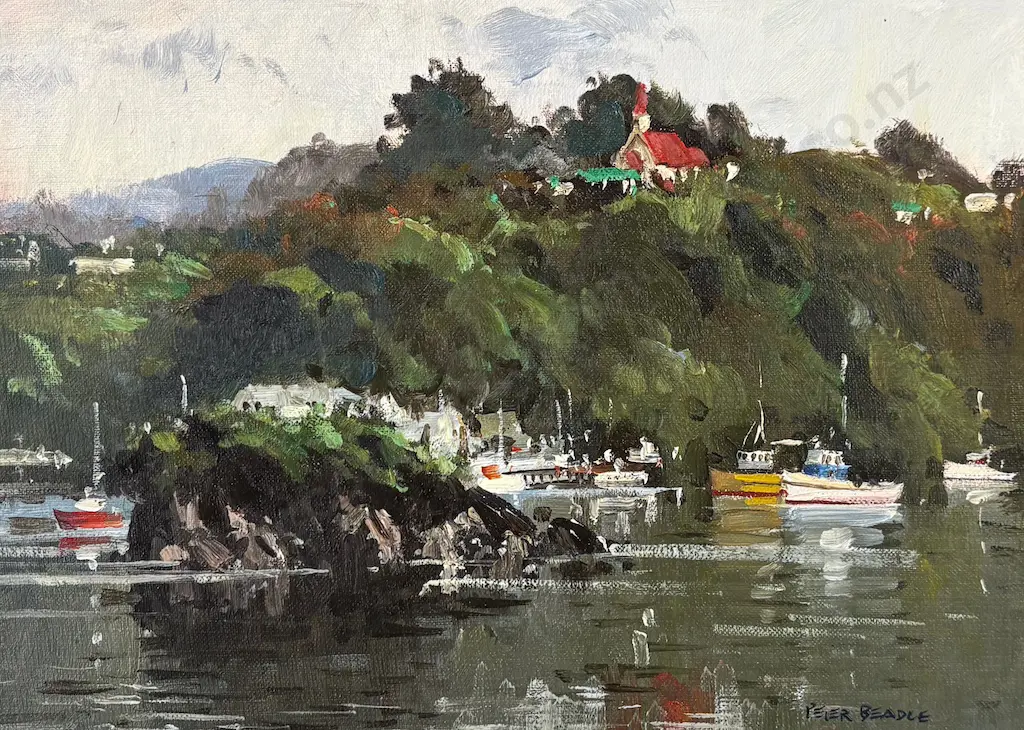 Peter Beadle - Fishing Boats, Halfmoon Bay, Stewart Island, oil on board, 290x395mm Image 1++