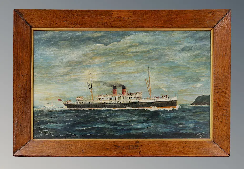 James Cowie - TSS Māori off Lyttelton Heads 1928, oil on paper, 490x780mm Image 1++