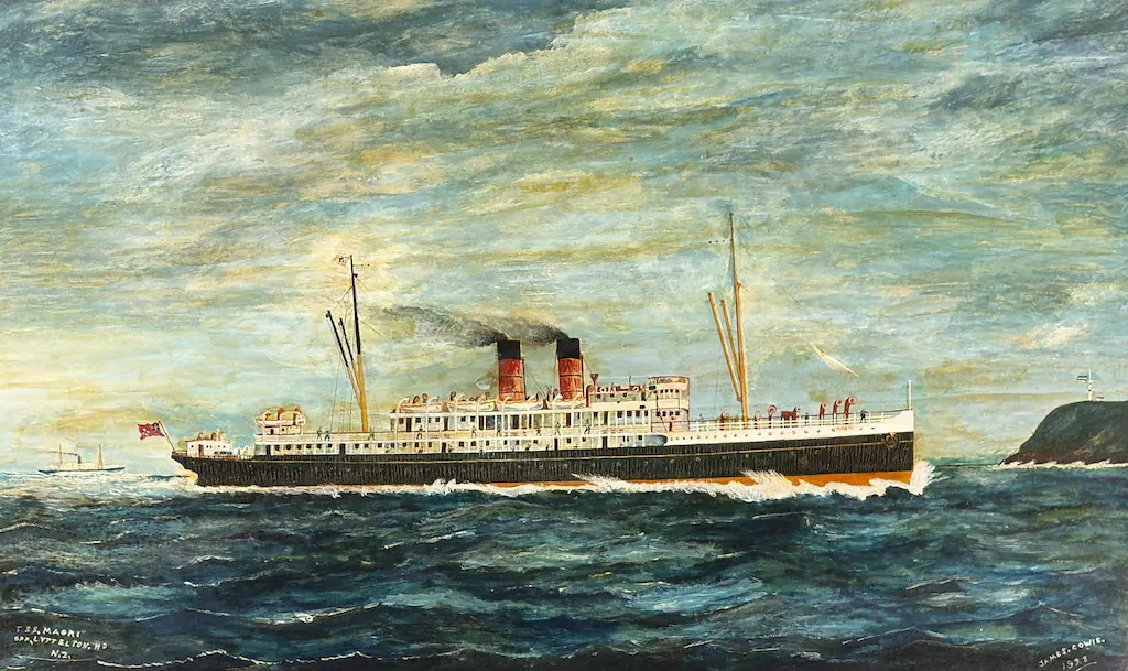 James Cowie - TSS Māori off Lyttelton Heads 1928, oil on paper, 490x780mm Image 1++