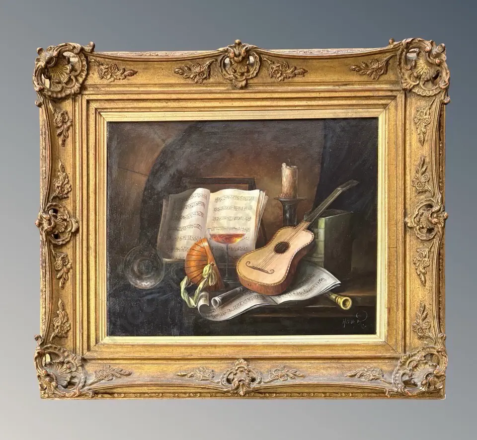 Herdin Radtke - Still Life of Sheet Music and old Guitar, oil on canvas, 390x480mm Image 1++
