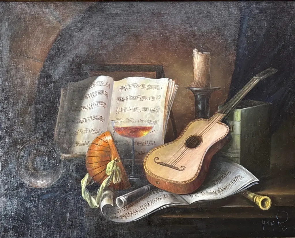 Herdin Radtke - Still Life of Sheet Music and old Guitar, oil on canvas, 390x480mm Image 1++