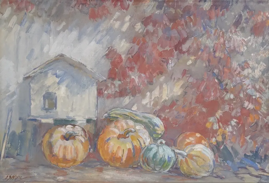 Esther Hope - Pigeon Cot and Pumpkins, gouache on paper, 330x495mm Image 1++