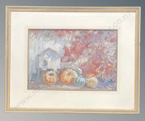 Esther Hope - Pigeon Cot and Pumpkins, gouache on paper, 330x495mm Image 1++