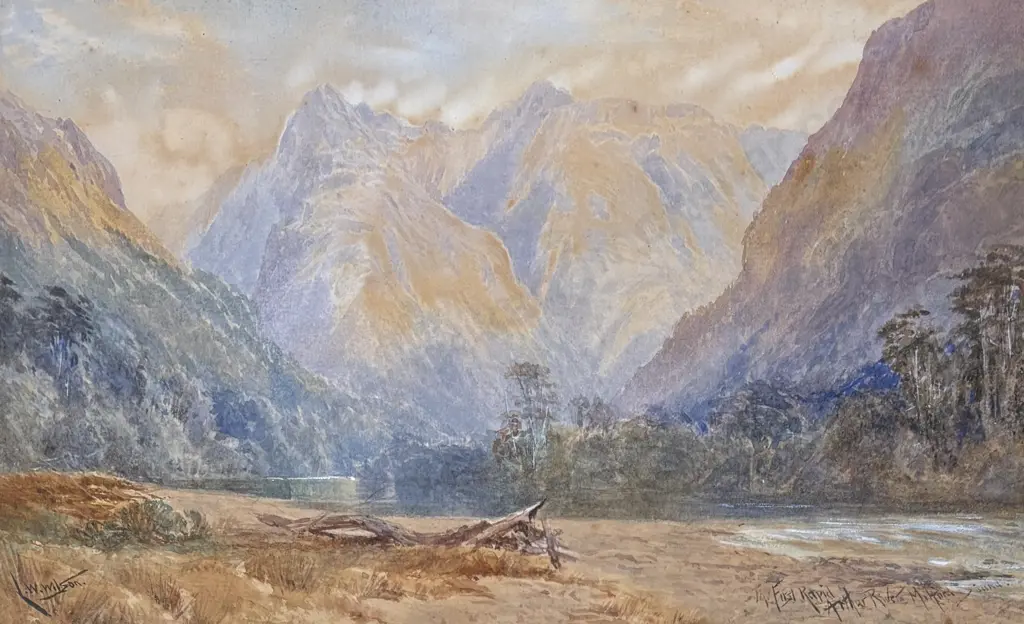 LW Wilson - First Rapid, Arthur River Milford Sound, watercolour on paper, 190x310mm Image 1++