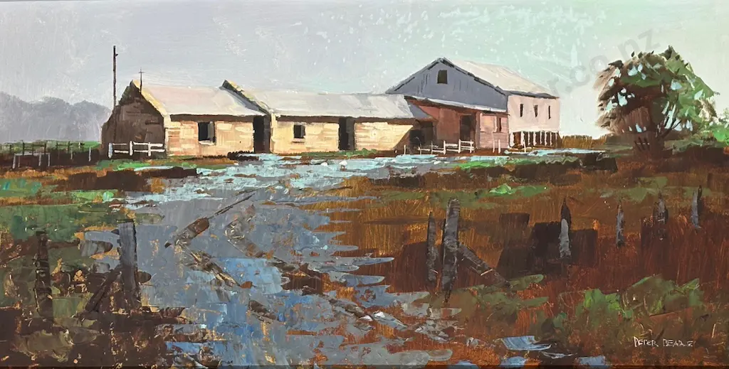Peter Beadle - Farm Buildings, Crown Terrace Otago, oil on board, 290x590mm Image 1++
