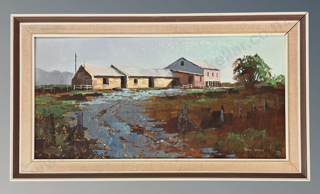 Peter Beadle - Farm Buildings, Crown Terrace Otago, oil on board, 290x590mm Image 1++