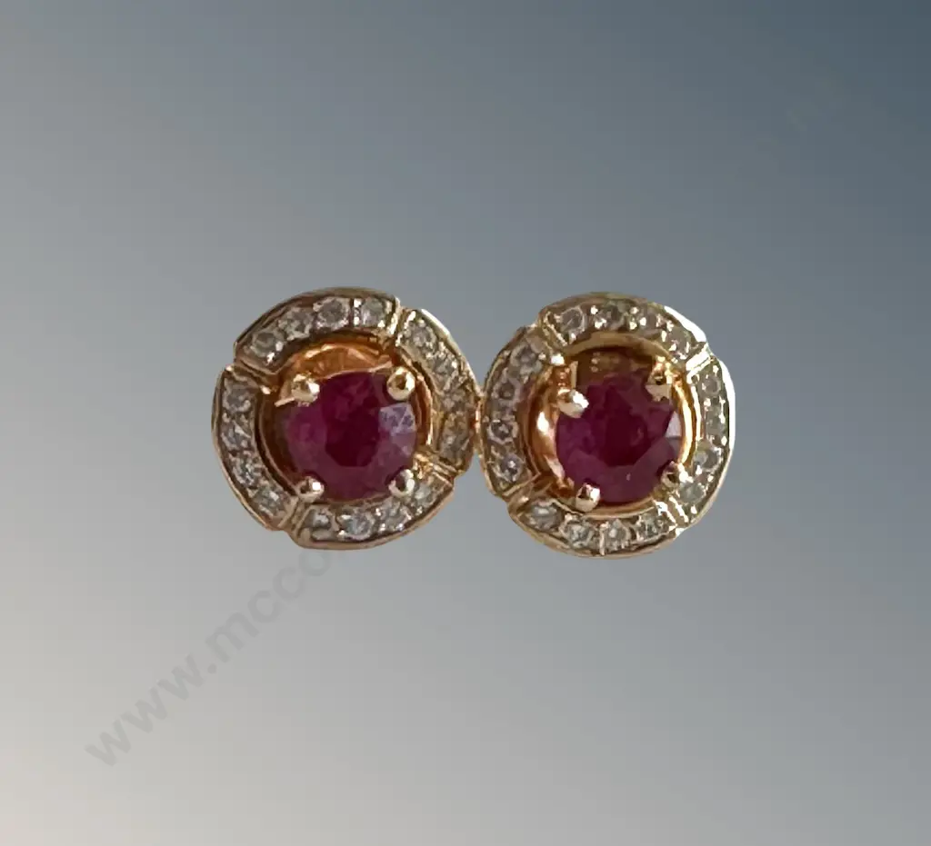 18ct Rose Gold Ruby and Diamond Earrings, TW2.4gms Image 1++