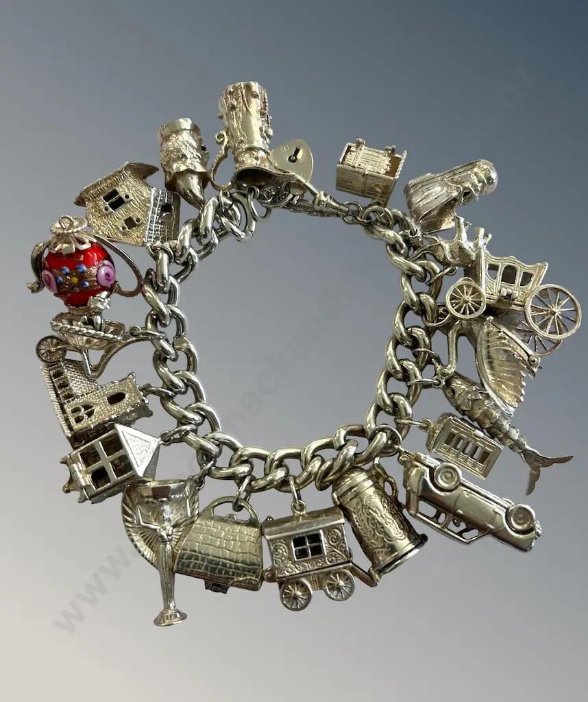Sterling Silver Charm Bracelet with 19 Charms, L20cm, TW173gms Image 1++
