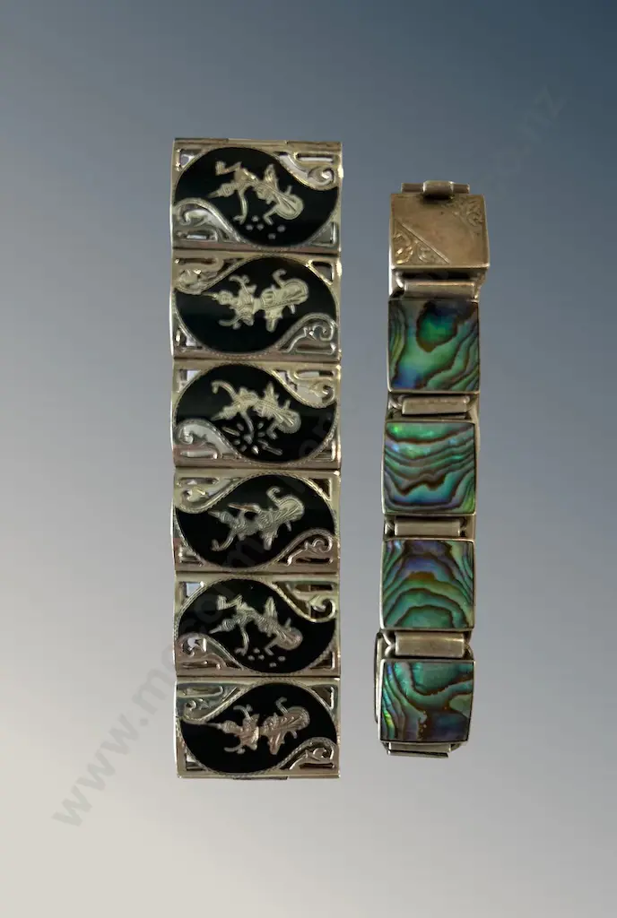 Sterling Silver Paua Link Bracelet and Black Enamel Link Bracelet, TW52gms Image 1++