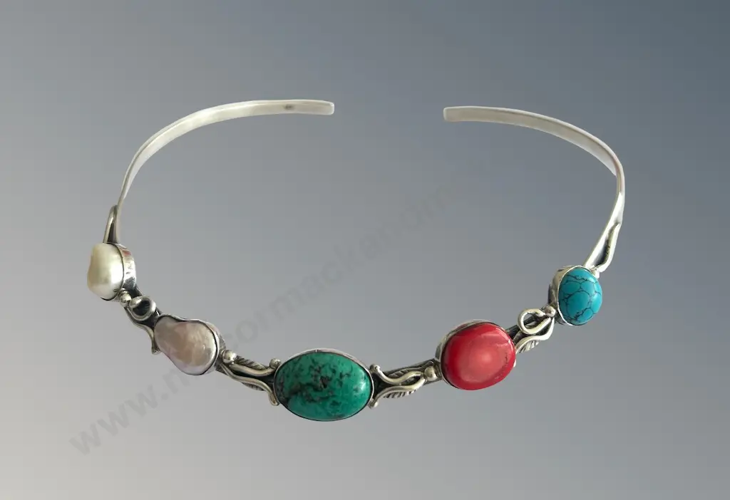 Sterling Silver Choker Necklace with Mabe Pearls, Coral and Turquoise Image 1++