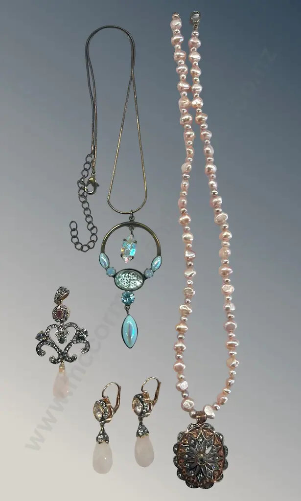 Pink Pearl set of Necklace Earrings and Pendant and Blue Multi Stone Necklace Image 1++