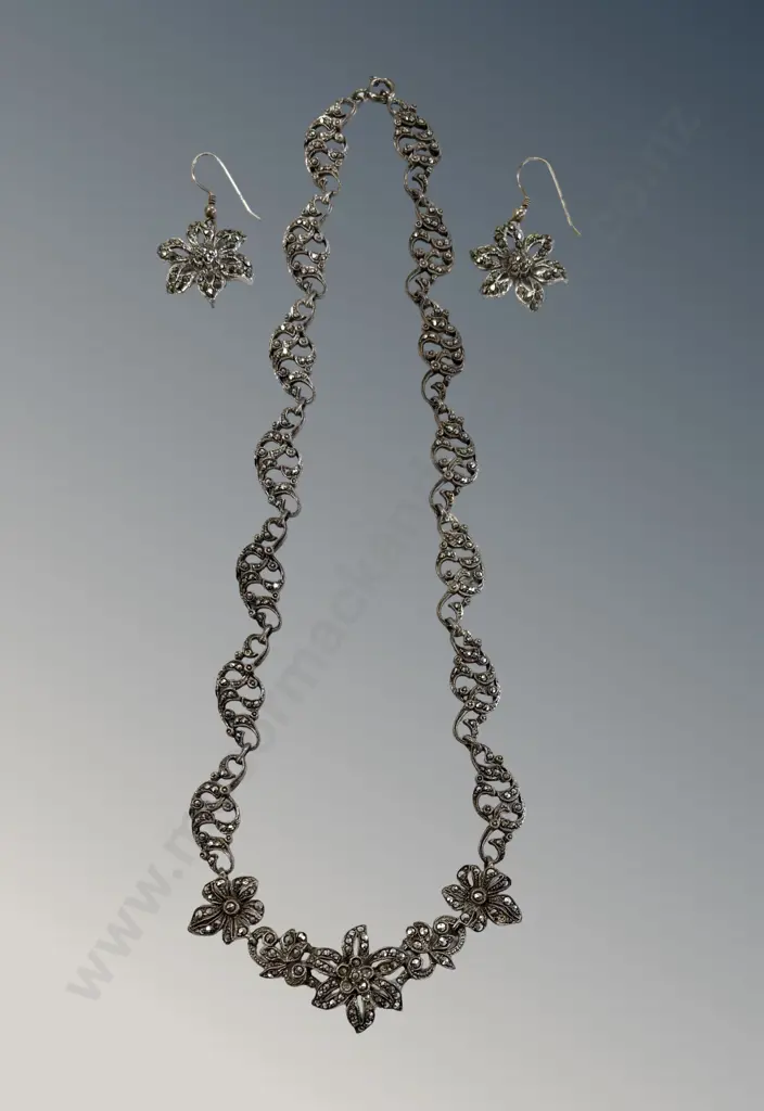 Marcasite Floral Necklace and Matching Floral Earrings Image 1++