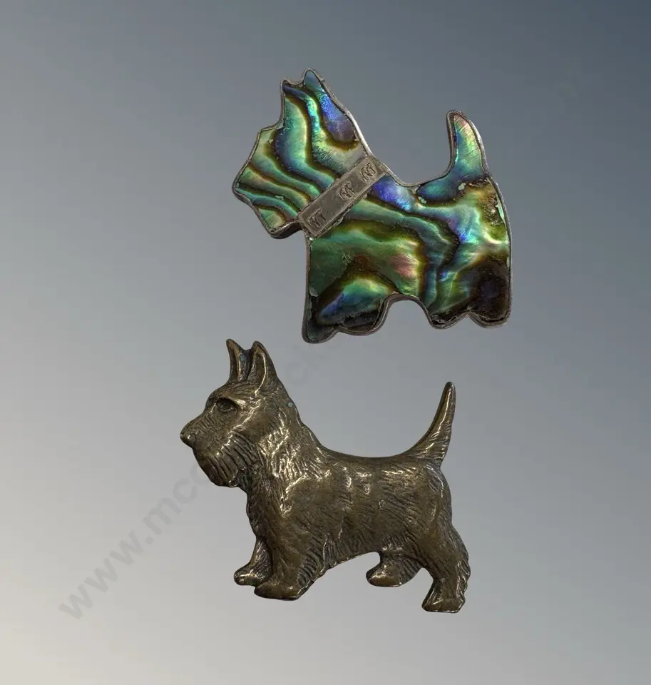 Sterling Silver and Paua Scottie Dog Brooch & Brass Scottie Dog Brooch Image 1++