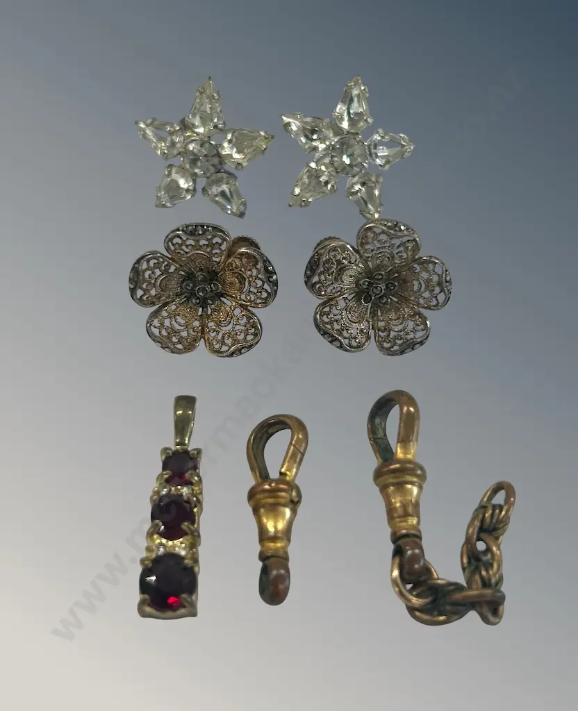 Diamonte and Filigree Flower Earrings, Garnet Pendant and 2 Dog Clips Image 1++