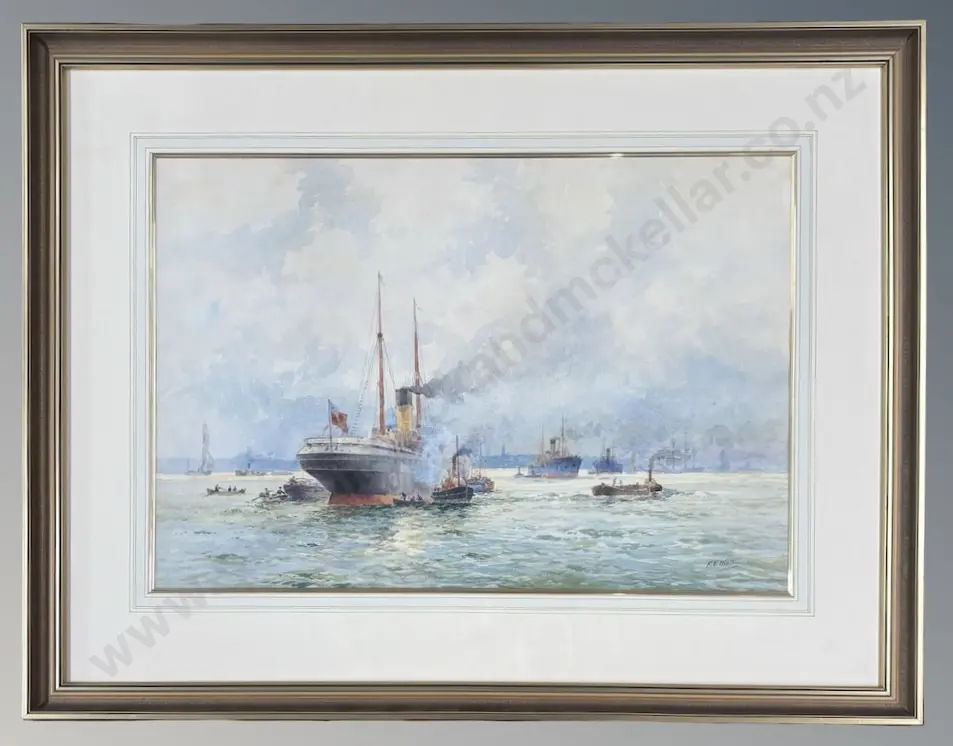 F Elliot - Shipping, Sydney Harbour, watercolour on paper, 475x700mm Image 1++