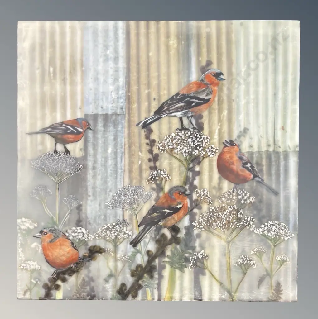 Jenny Hill - Resting Time Chaffinches, encaustic collage layers, beeswax & damar resin, 300x300mm Image 1++