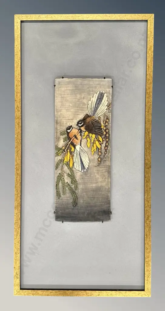 Craig Fletcher - Fantail and Kowhai, 3D relief on tile, 450x180mm Image 1++