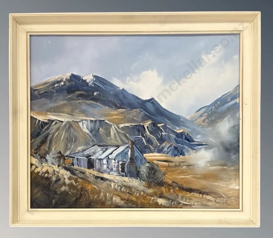 Denis Kent - Old Cottage, Bannock Burn, Central Otago, 1978, oil on board, 490x595mm Image 1++