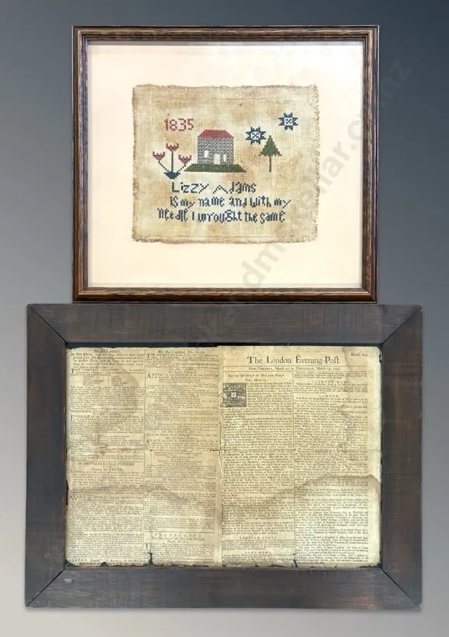 1732 London Evening Post - Double Sided Frame, 1835 Needlepoint, 290x415mm, 210x240mm Image 1++