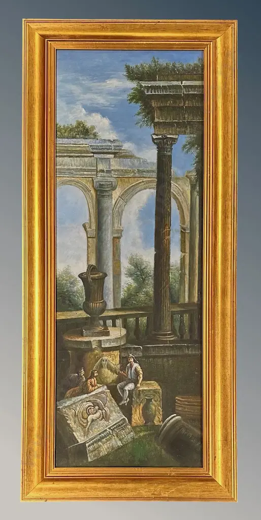 Unsigned - Roman Ruins, oil on board, 900x320mm & J McGee - Kaikoura Coastline, oil on board, 390x565mm Image 1++