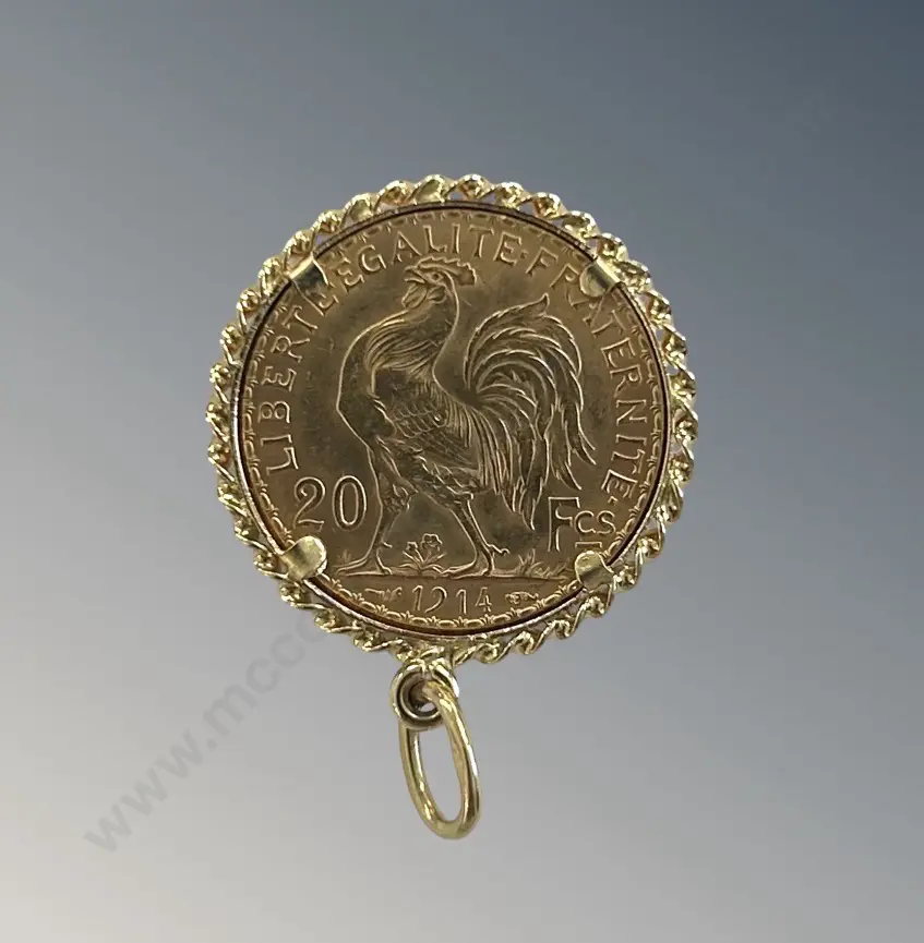 20 Franc Marianne Coq 1914 Gold Coin, 21.6ct, 6.45gms with 18ct Gold Bezel, 1.95gms, TW8.4gms Image 1++