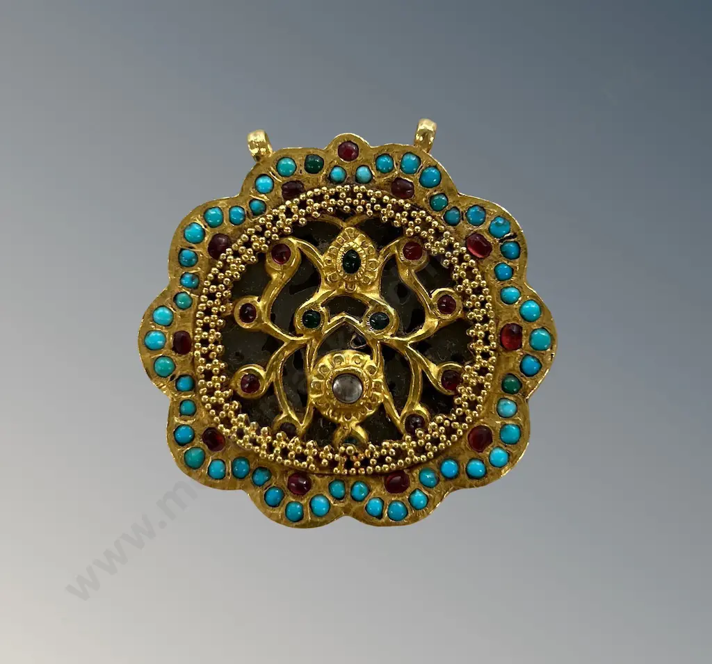 22ct Gold Turquoise and Coloured Stone Decorative Pendant, D5cm, TW30.7gms Image 1++