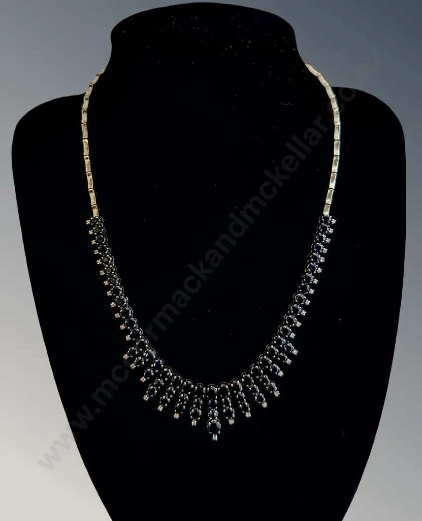 10ct White Gold Graduated Sapphire and Diamond Necklace, L42cm, TGW11.91ct, TW33.64gms, Valuation $13,800 Image 1++