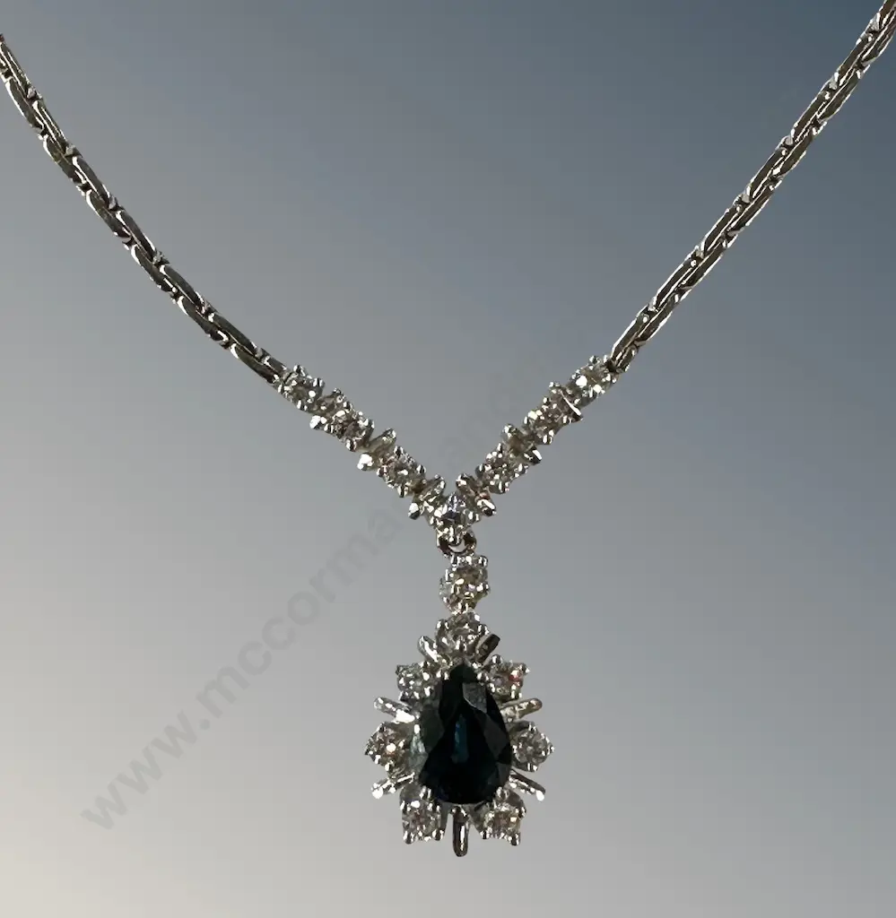 14ct White Gold Diamond and Sapphire Necklace, L43.5cm, TW12.9gms Image 1++