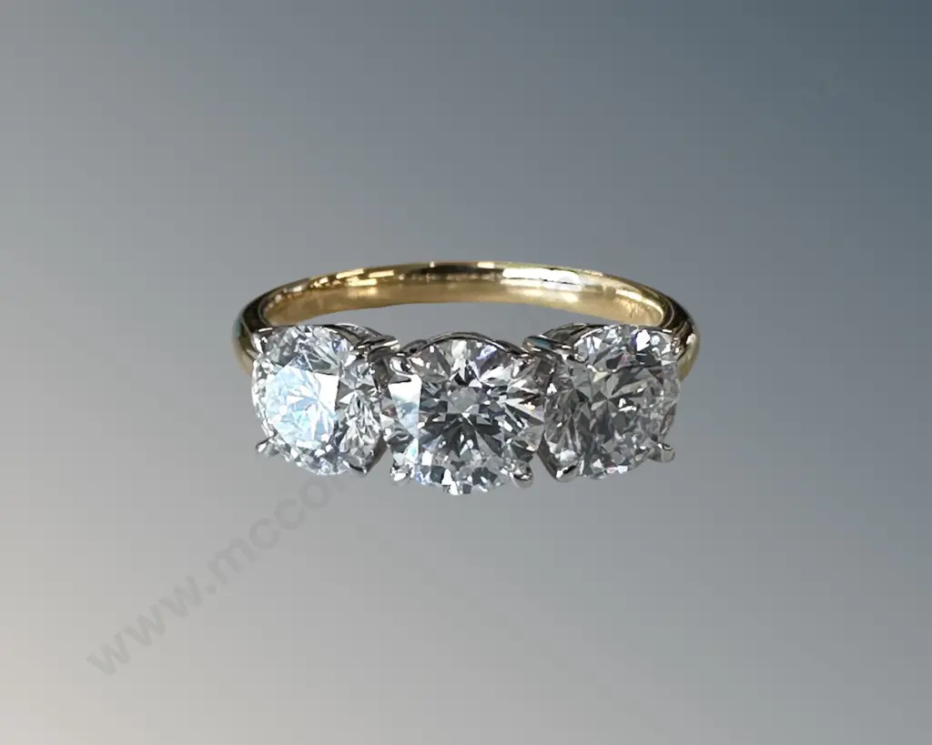 18ct Gold Three Stone Lab Diamond Ring, Size P, TCW3cts, TW4.23gms, Valuation $7150 Image 1++
