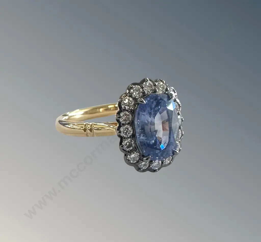 18ct Gold Sapphire and Diamond Cluster Ring, Sapphire 3.04ct, Size P, TW5.3gms, Valuation $17300 Image 1++