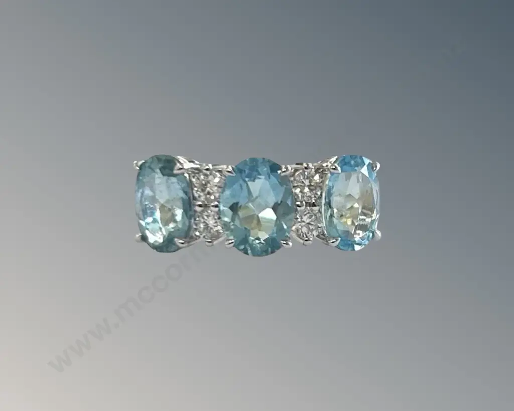 18ct Gold Aquamarine and Diamond 3 Stone Ring, Aquamarine 3.46ct, Size P, TW4.83gms, Valuation $7900 Image 1++