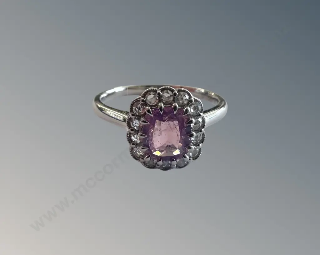 18ct White Gold Pink Sapphire and Diamond Cluster Ring, Sapphire 1.02ct, Size P, TW3.95gms, Valuation $6100 Image 1++