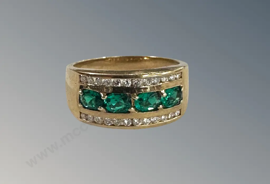 9ct Gold Lab Emerald and Diamond Triple Row Set Ring, TW4.07gms, Valuation. $2800 Image 1++